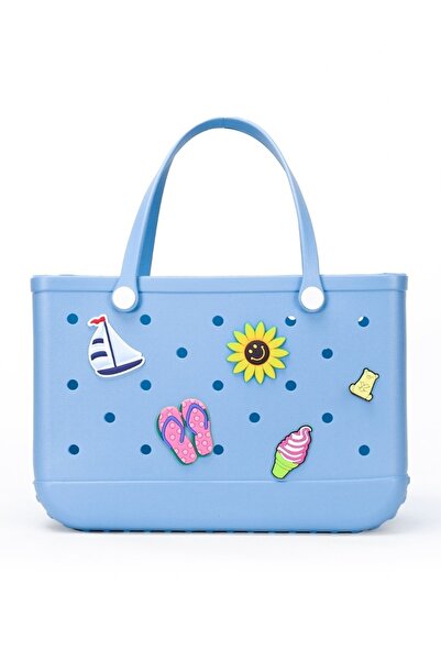 KALEIDO EVA Rubber Beach Tote Bag with 5 Summer Charms for Women & Family - (Sky Blue - Large)