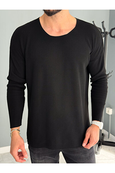 YUWEAR Siyah Açık yaka İnce Triko Sweat