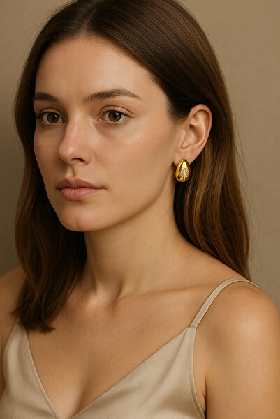 mira bujiteri Altın Damla Tasarım Zirkon Taşlı Kadın Çelik Küpe