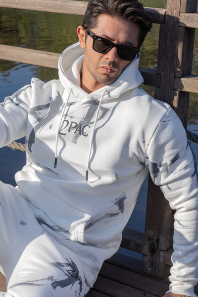 FRANCO RENZO Men's White 3 Thread Ribbed Tupac Printed Cotton Tracksuit Set