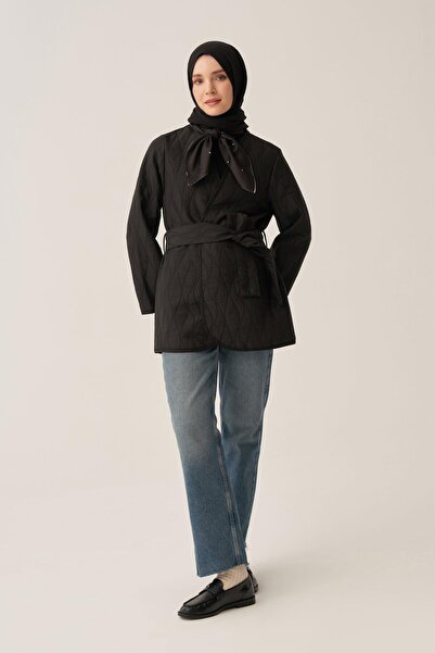 ALLDAY Black-Thin Quilted Double-Breasted Belted Jacket