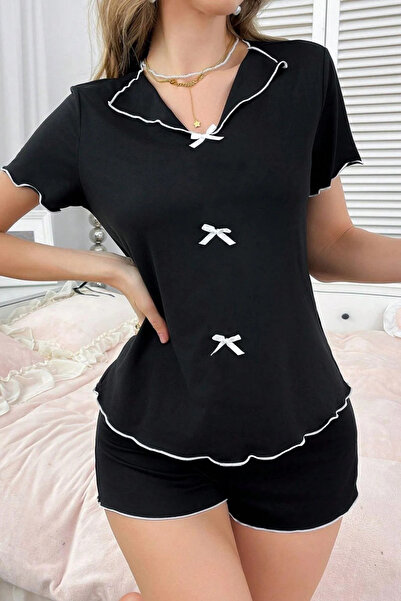 JUBELS Pamuklu Şortlu Beyaz Fiyonk Detaylı Pijama Takımı