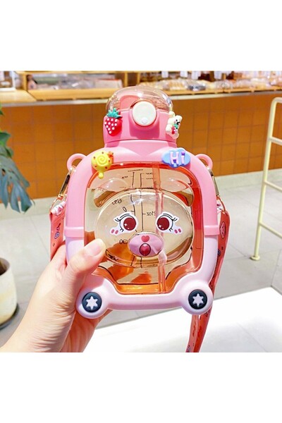 Flippy Children's Straw Bottle, Flippy, Bear Model, Graduated, Stickers Applied, Adjustable Strap, Shatter-
