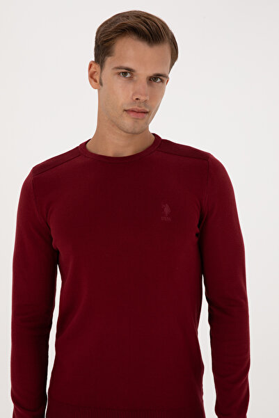 U.S. Polo Assn. Men's Slim Fit Crew Neck Claret Red Basic Sweater 50307779-Vr014