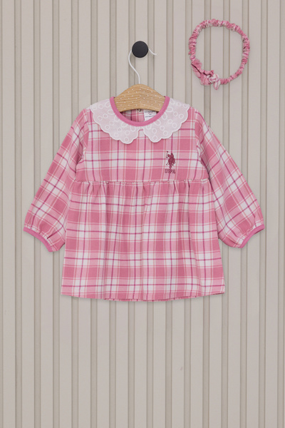 U.S. Polo Assn. Kız Bebek Pembe Ekose Desenli Elbise Bandana 2'li Set 5032280...