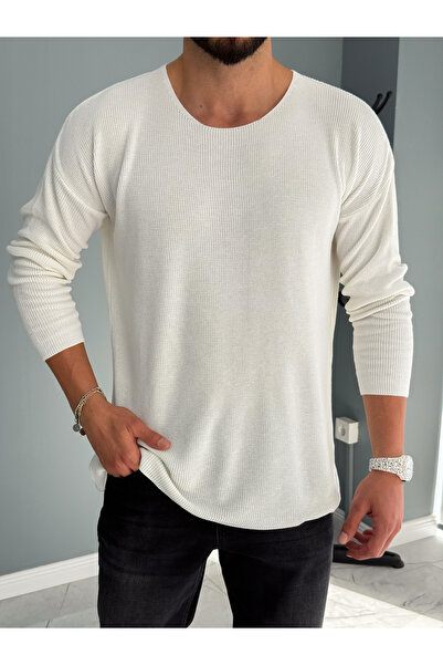 YUWEAR Beyaz Açık Yaka İnce Triko Sweat