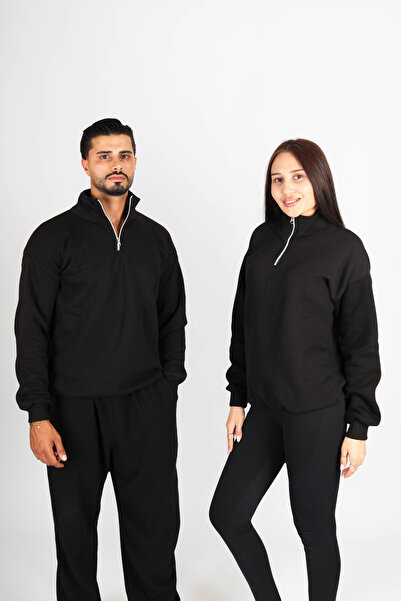 Jooy Yarım Fermuarlı Sweatshirt Sevgili Çift Kombini Siyah 2'li Set