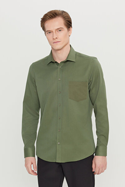 AC&Co / Altınyıldız Classics Erkek Haki Pamuklu Tailored Slim Fit Dar Kesim Klasik Yaka Armürlü Cepli Gömlek