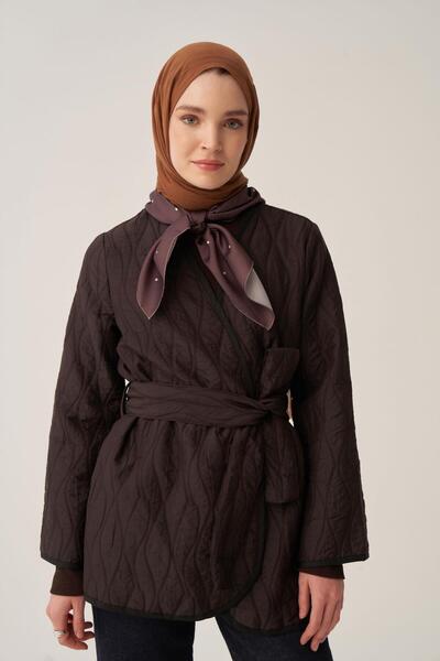 ALLDAY Bitter Brown-Thin Quilted Double-Breasted Belted Jacket