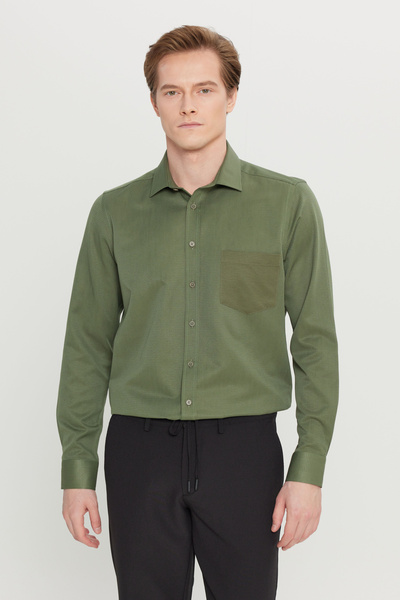 AC&Co / Altınyıldız Classics Men's Khaki Cotton Tailored Slim Fit Slim-Fit Classic Collar Dobby Pocket Shirt