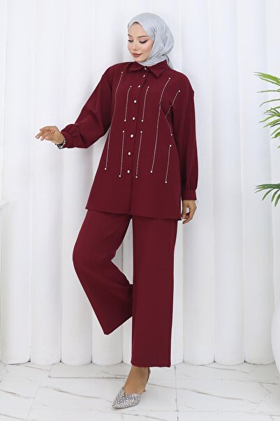Modamihram Taş Detaylı Takım Bordo 19266
