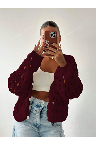citystyle Tricotaj pentru femei cu decolteu în V Crop T mânecă Trend tricotaj cu aspect dantelat Cardigan cu nasturi, tricot moale, bordeaux