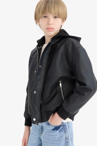 DeFacto C4321 Black Boy's Water Repellent Detachable Hood Plush Lining Bomber Jacket