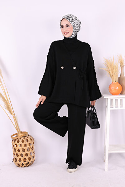 Bym Fashion Kolları Fırfırlı Hırka ve Pantolon Takım 17026 Siyah