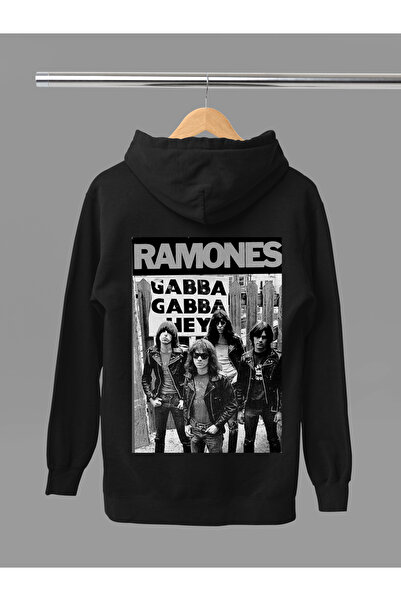 MAGORS Hanorac rock cu glugă, cu mânecă lungă, din bumbac, cu imprimeu RAMONE...