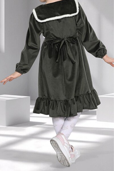 mhk burç bebe Girl's Velvet Ruffled Collar Dress - 3 - 10 Years Old - 6 Color Options - Khaki