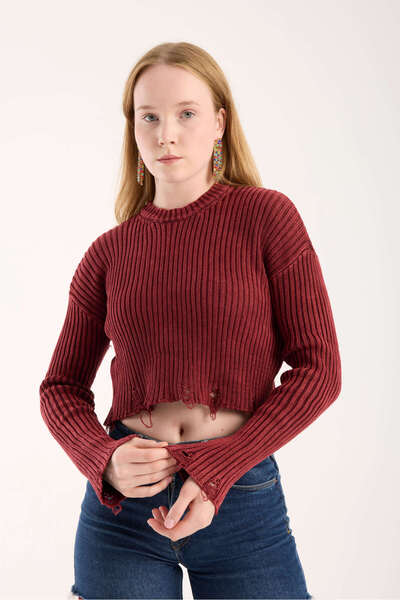 İLKCET MODA Ripped Burgundy Knitwear Crop Women's Sweater