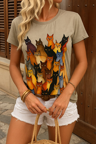 Adora Moda Γυναικεία μπλούζα με κοντό μανίκι με μοτίβο γάτας με λαιμόκοψη