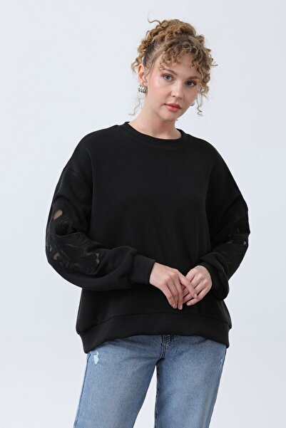 Puane Women's 32165 Sleeves Mesh Embroidered Sweatshirt