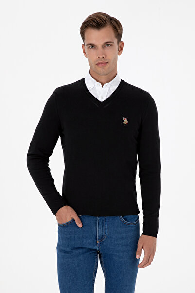U.S. Polo Assn. Men's Slim Fit V-Neck Black Basic Sweater 50307778-Vr046