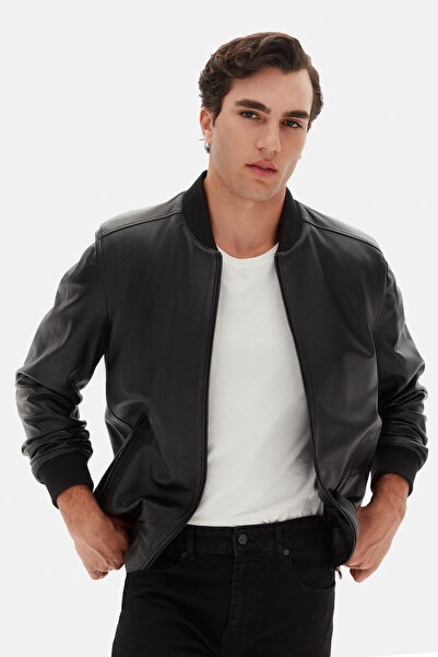 D'S Damat Ds Damat Regular Fit Black Plain Leather Coat