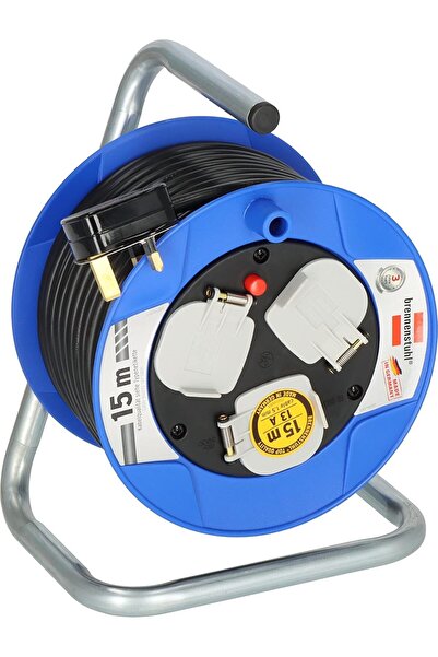 Brennenstuhl Compact 15m Cable Reel – 3-Way Socket, Thermal Cut-Out, Toolbox Size –Black– 1078187900