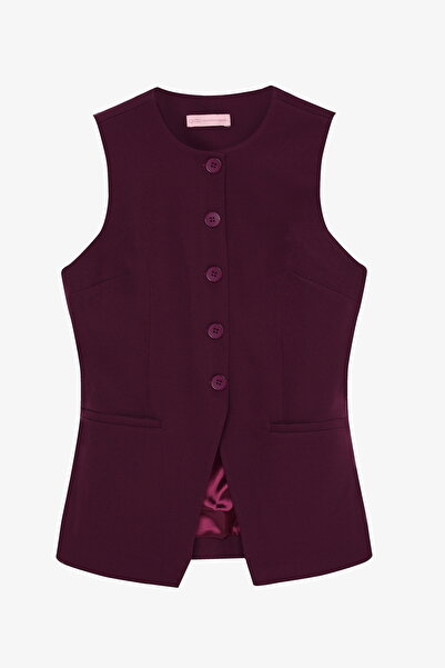 Quzu Buttoned V-Cut Sleeveless Vest Plum