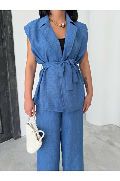 LOCH BUTİK Women's Blue Belted Vest Pants Premium Set