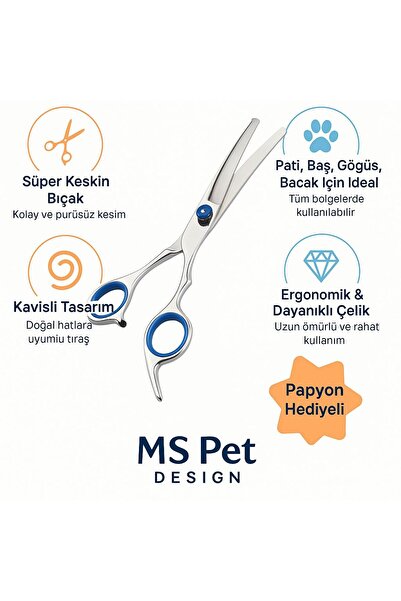 MS Pet Design 7.5'' Kavisli/Oval Profesyonel Kedi/Köpek Tıraş Makası-Papyon Hediyeli