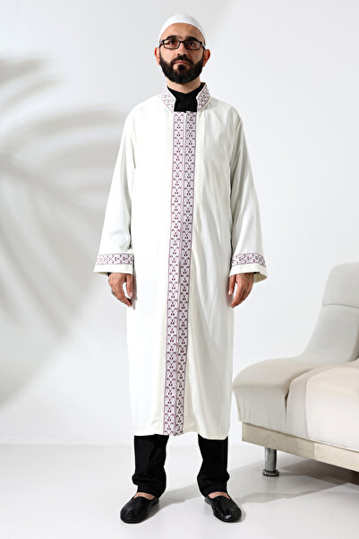 ihvanonline Red Pattern Embroidered Cream Imam Robe with Snap Closure and Pockets