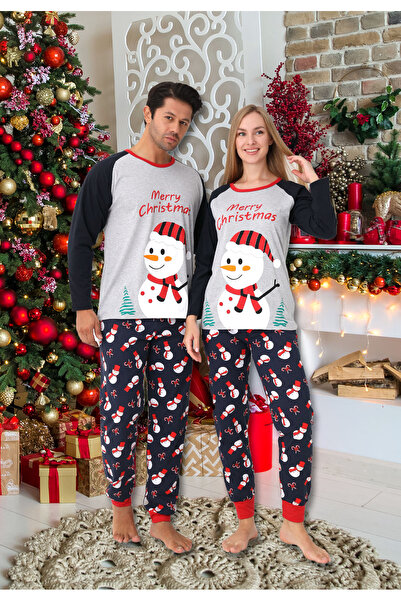 Intisimo Women's Pajamas, Christmas Theme, Snowman, Cotton, Grey/Navy Blue - L