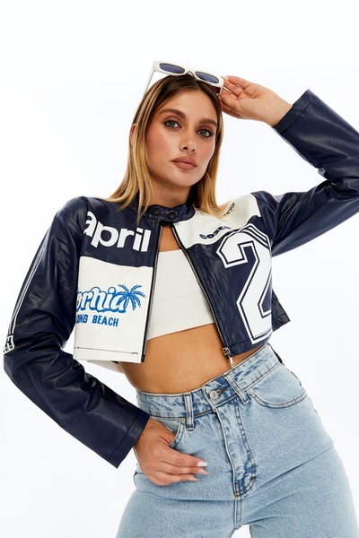 CHOS7N Жіноча шкіряна куртка Crop – Кольорова куртка в стилі мотоцикліста з принтом – Коротка куртка Багатокольорова куртка – Комір-стійка