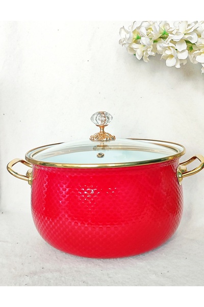 EBRULİEMAYE Red Embossed Lux Enamel Pot 4 Liters 22 cm Diameter Milk Yogurt Soup Pot