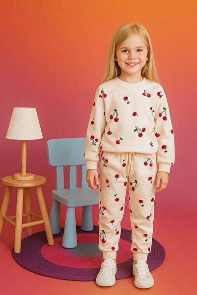 babymoon kids Girls' 2-Piece Tracksuit Set with Crew Neck, Elastic Waist, 3-Thread Cherry Pattern