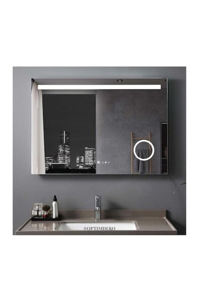 OPTIM DEKO Oglindă de baie tactilă cu LED, sistem anti-aburire, lupă cosmetică, variator de intensitate și ceas, 80x60 cm