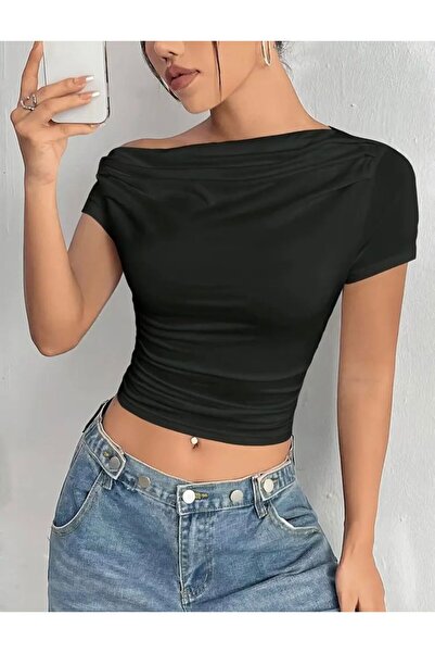 FOORS Γυναικεία μπλούζα με πιέτες από βισκόζη με λεπτομέρειες, μαύρη