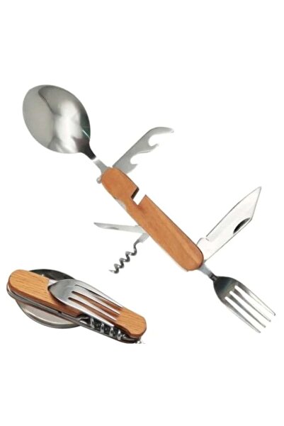 PUFO 6-in-1 multifunctional camping knife, with spoon and fork, 10 cm, brown