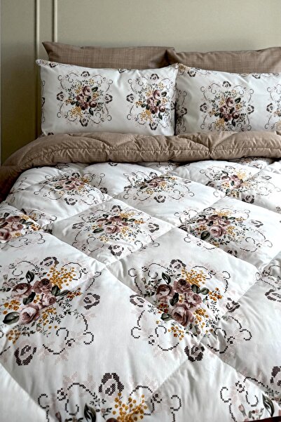 Alla Turca Double Size 4-Piece Pillowcase Set with Elastic Sheets Double-Sided Sleeping Set-Cross Stitch Milk Coffee