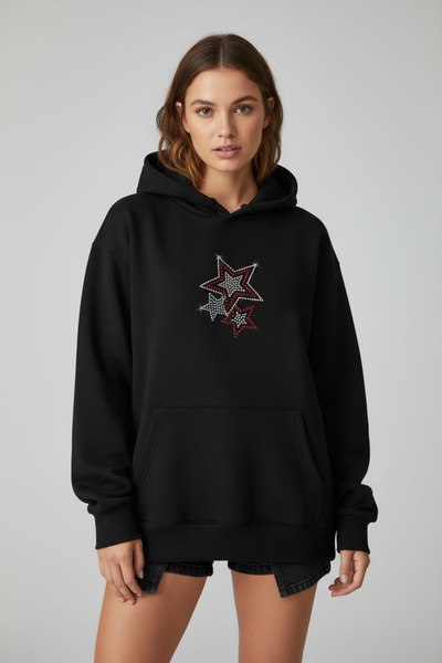 BRF Collection هودي للجنسين كبير الحجم – نمط نجمة مطرزة بالحجر، بغطاء للرأس، ...