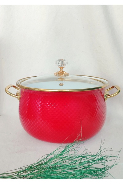 EBRULİEMAYE Red Embossed Lux Enamel Pot 4 Liters 22 cm Diameter Milk Yogurt Soup Pot