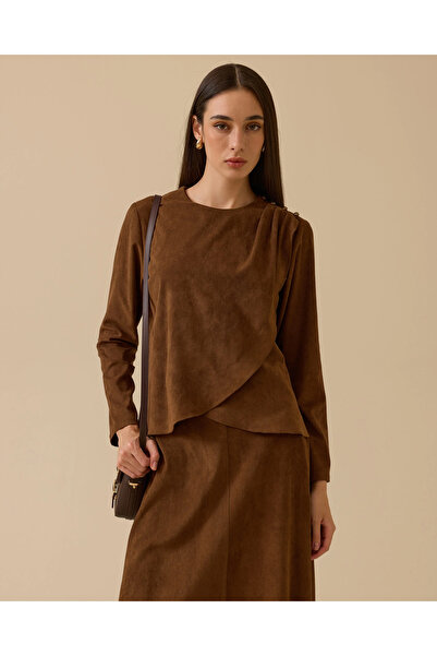 SCL Drapeli Omuz Düğmeli Süet Bluz