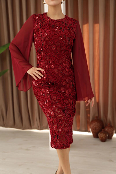 lodmela Βελούδινο μίντι φόρεμα με παγιέτες και μανίκια από σιφόν 6045-μπορντό