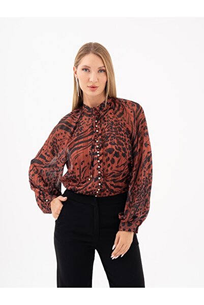 SERPİL Yeşil Desenli Şifon Düğmeli Gömlek 39151