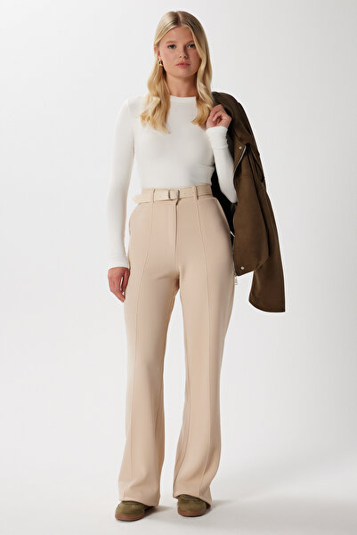 Ritnice Lycra Series Lift Stitched Flexible Light Beige Palazzo Trousers