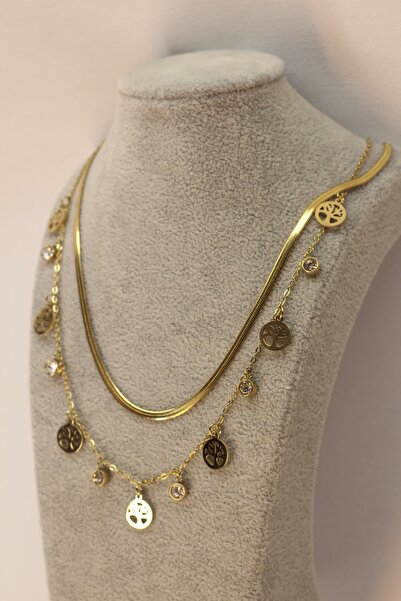 Butik Kadın Çelik 2'li Gold Kolye