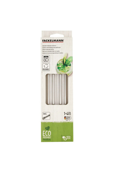 FACKELMANN Metal straws with brush 54855, 4 pcs + 1, 24 cm, Diameter 5 mm, Stainless steel, Silver