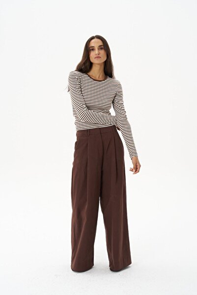 Beauty Omelette Kahverengi Gabardin Pileli Bol Paça Pantolon