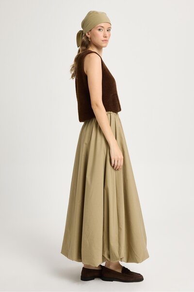 minaaise Women's Khaki Elastic Long Lined Balloon Skirt 29004