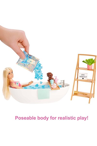 mattel Confetti Bathtub Doll & Accessories Playset HKT93, 15-Piece Spa & Bath Fun, Age 3+