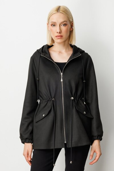 Ekol Women's Hooded Cover Pocket Trench 7043 Black